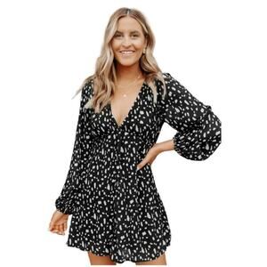 Women's Black Polka Dot V-Neck Mini Dress Small